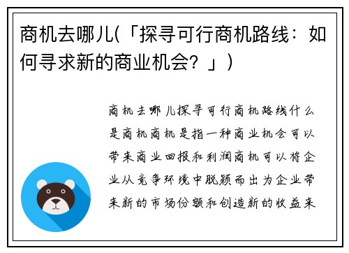 商机去哪儿(「探寻可行商机路线：如何寻求新的商业机会？」)